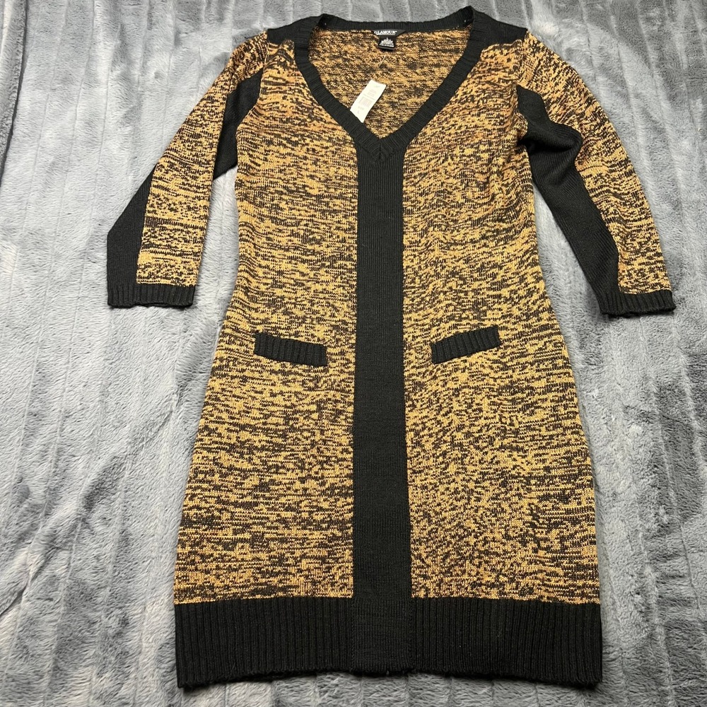 Glamour Womens V-Neck Knit Sweater Dress Black Camel Marled Size L 5XX413